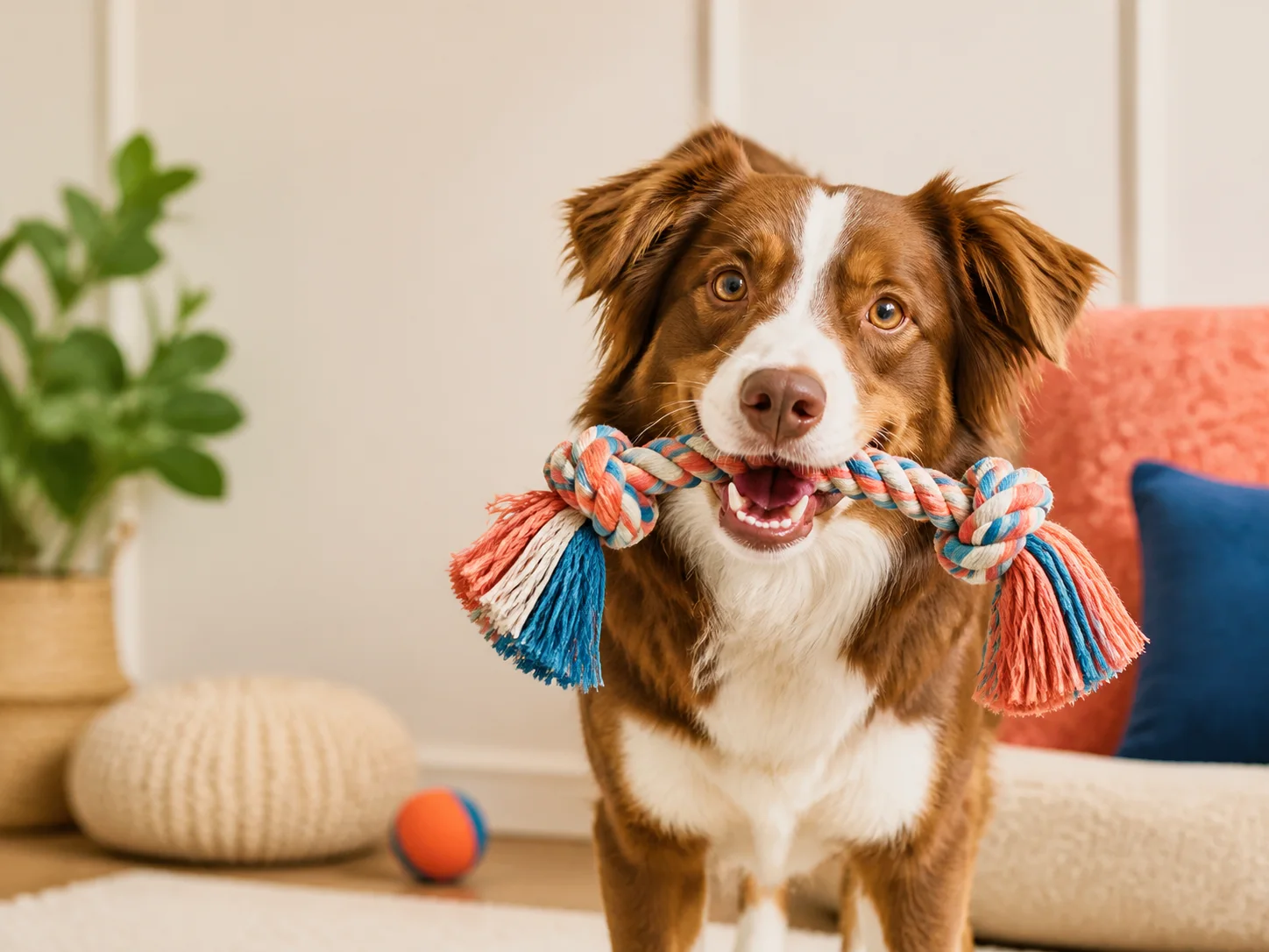 Dog playing with a rope toy